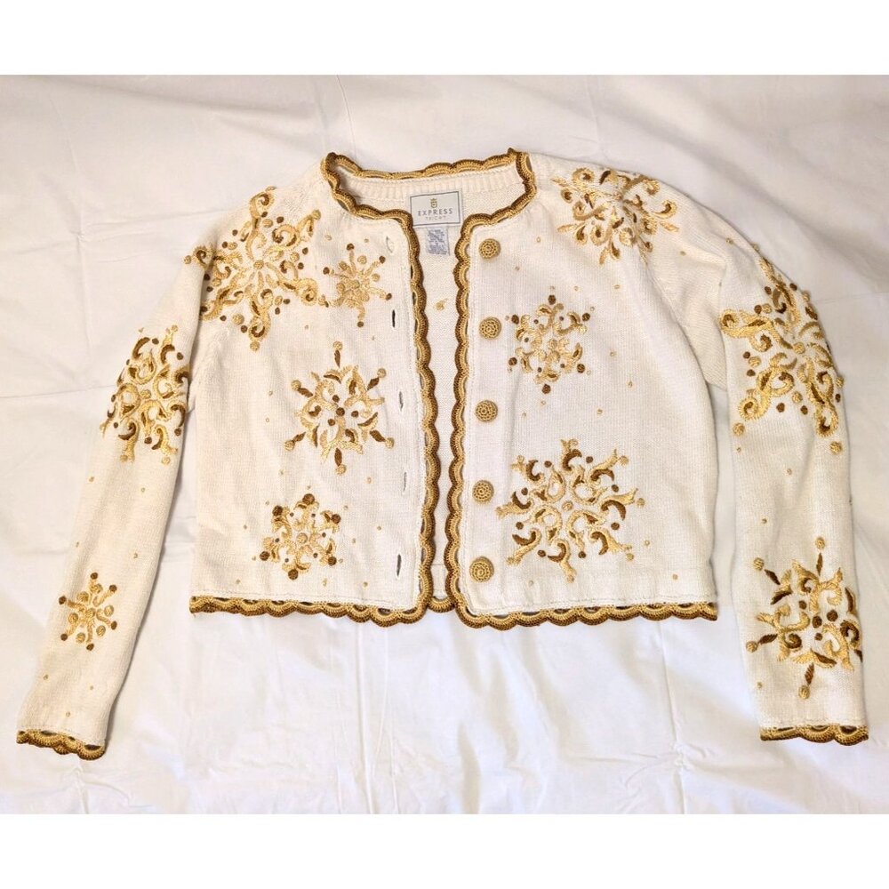 Vintage Express Tricot White & Gold Embroidered Cropped Cardigan Sweater - Women